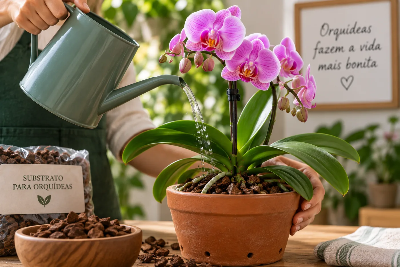 Pessoa regando uma orquídea com um regador branco, cuidando da hidratação correta da planta em casa