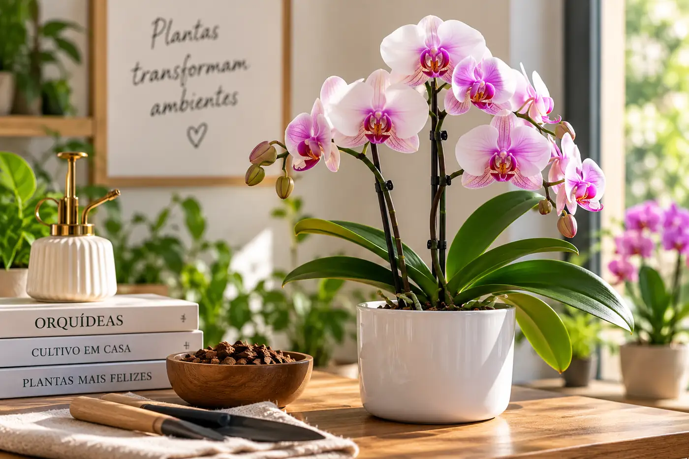 Orquídea Phalaenopsis branca e rosa em vaso, ao lado de livros sobre orquídeas, borrifador e substrato, junto a uma janela