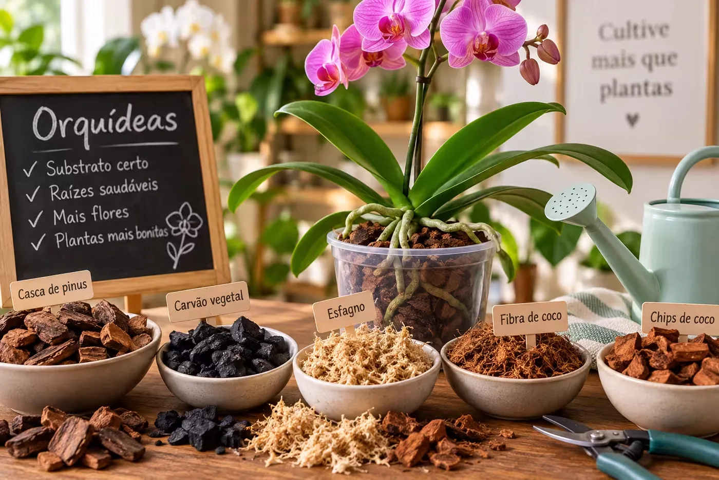 Orquídea Phalaenopsis em vaso transparente ao lado de potes com diferentes substratos: casca de pinus, carvão vegetal, esfagno e fibra de coco