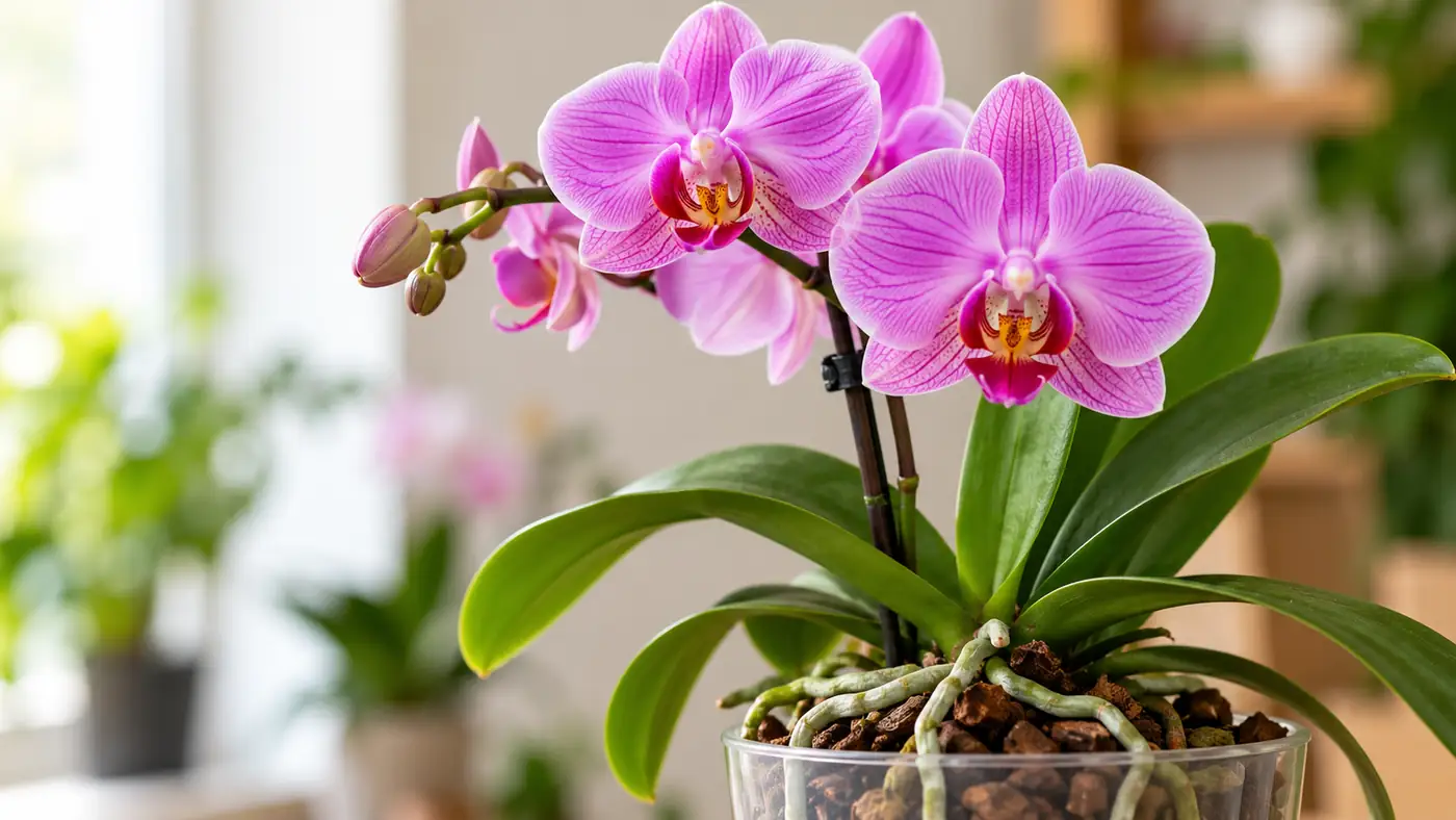 Orquídea Phalaenopsis rosa florida em vaso transparente, com raízes verdes saudáveis à mostra, próxima a uma janela iluminada